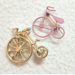 Vtg 2 Pc Lot Bicycle Brooch Pin Victorian Penny Farthing Goldtone Pink Enamel